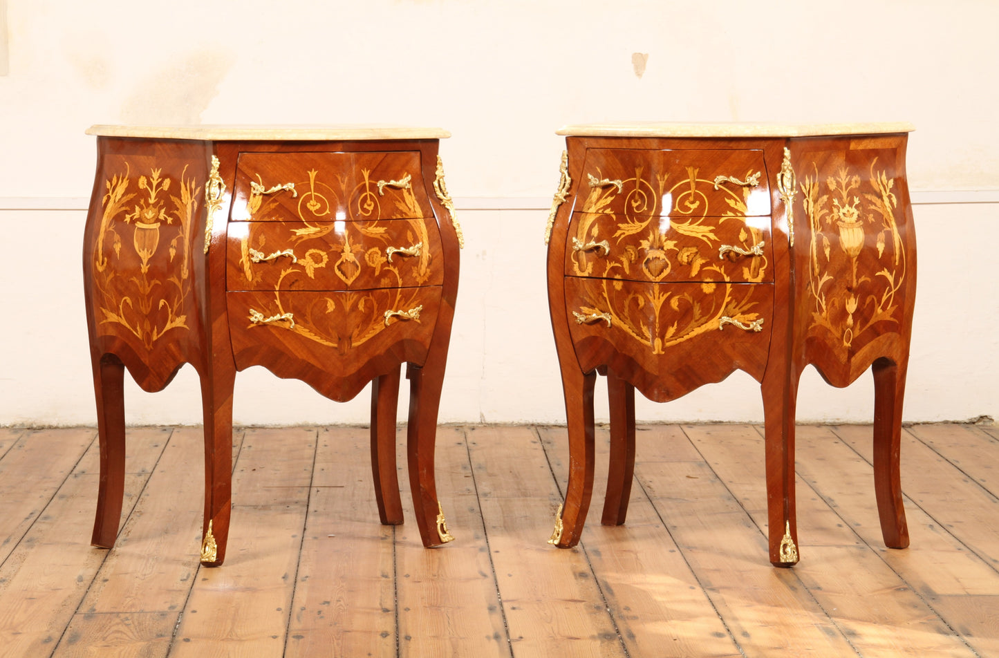 Pair of Louis XV Style Marquetry Bombe Commodes – Ornate French Design with Marble Tops
