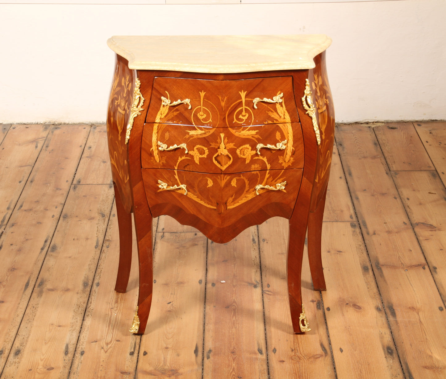 Pair of Louis XV Style Marquetry Bombe Commodes – Ornate French Design with Marble Tops