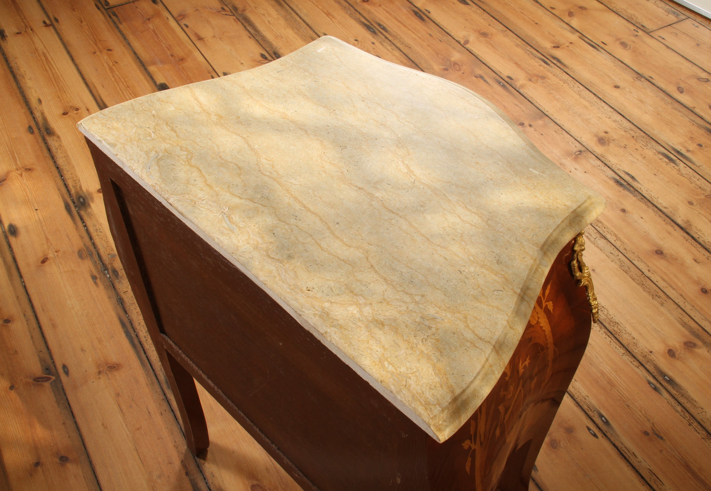 Pair of Louis XV Style Marquetry Bombe Commodes – Ornate French Design with Marble Tops