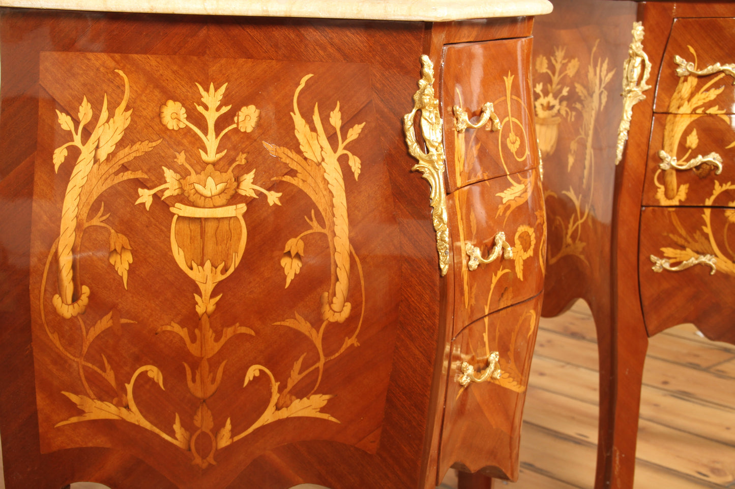 Pair of Louis XV Style Marquetry Bombe Commodes – Ornate French Design with Marble Tops