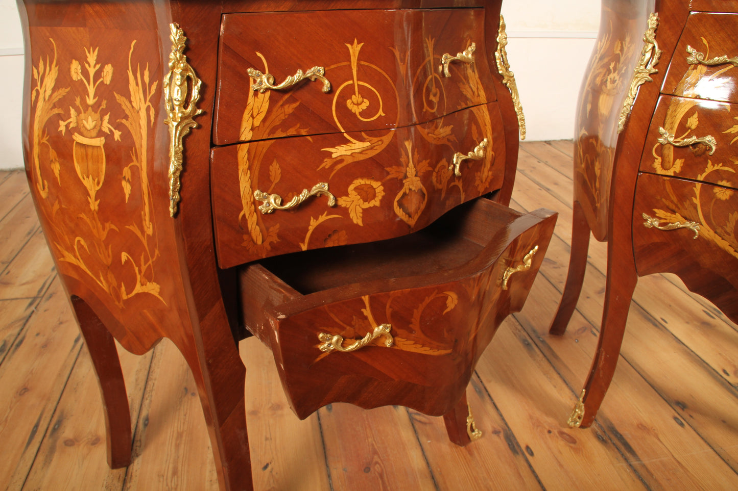 Pair of Louis XV Style Marquetry Bombe Commodes – Ornate French Design with Marble Tops