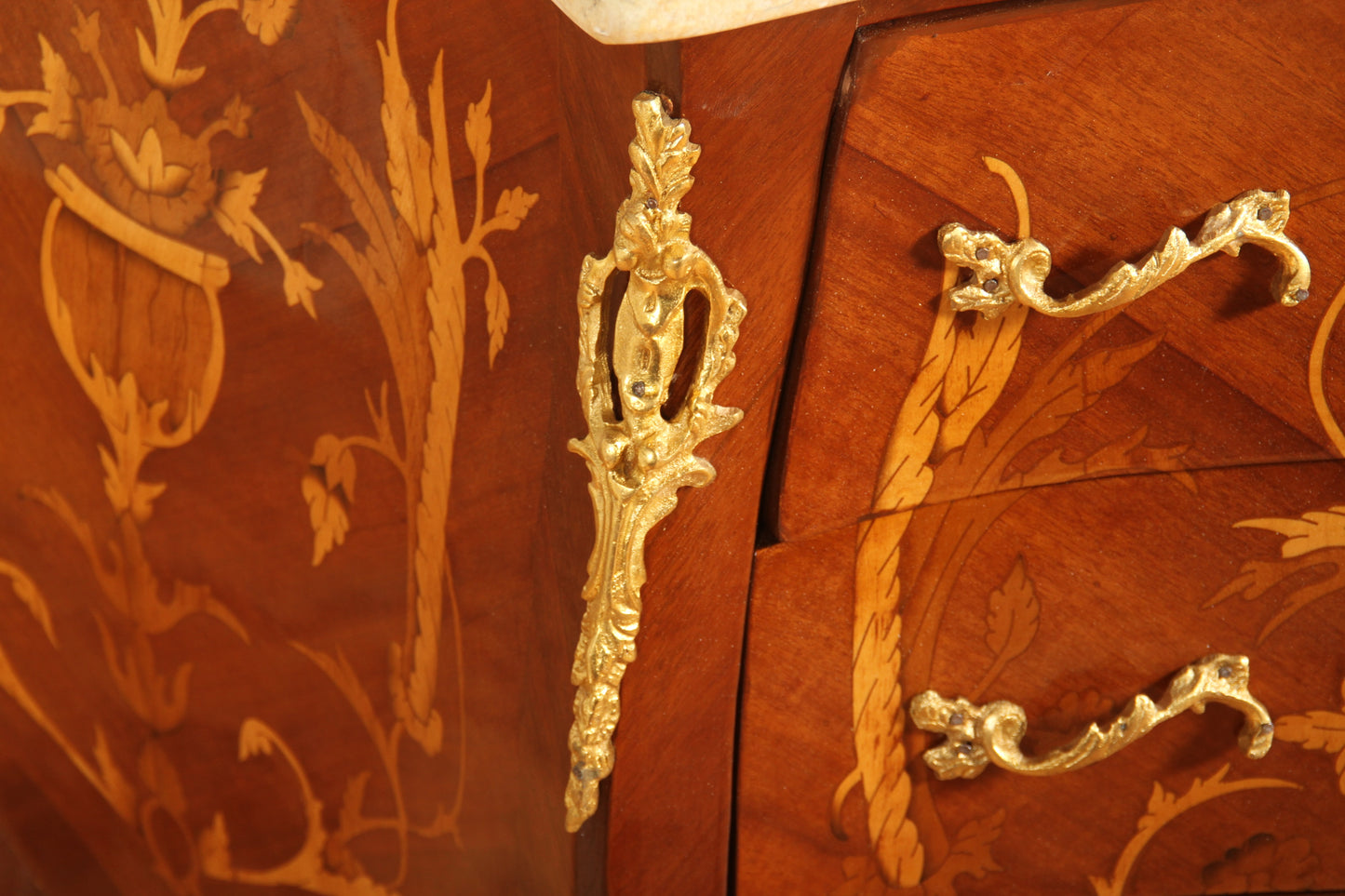 Pair of Louis XV Style Marquetry Bombe Commodes – Ornate French Design with Marble Tops