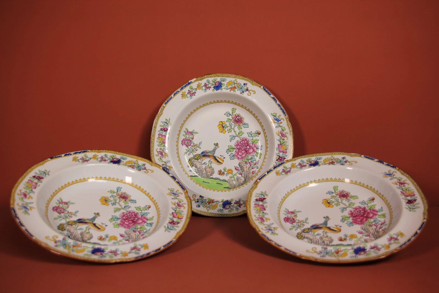 Copeland Spode Peacock Soup Plates x3 – English China Bowls, Crook Belgravia