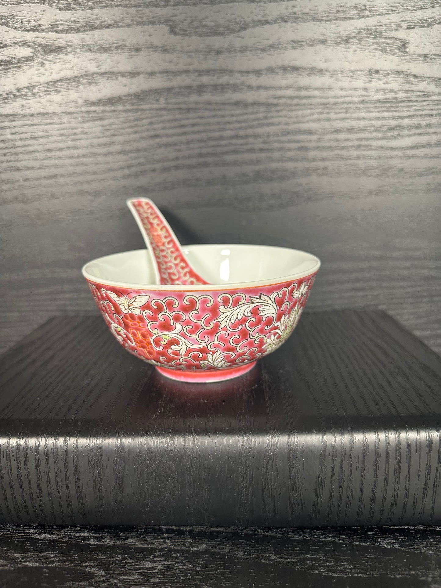 Vintage Chinese Red Floral Porcelain Tea Set – Teapot, Bowl & Spoon