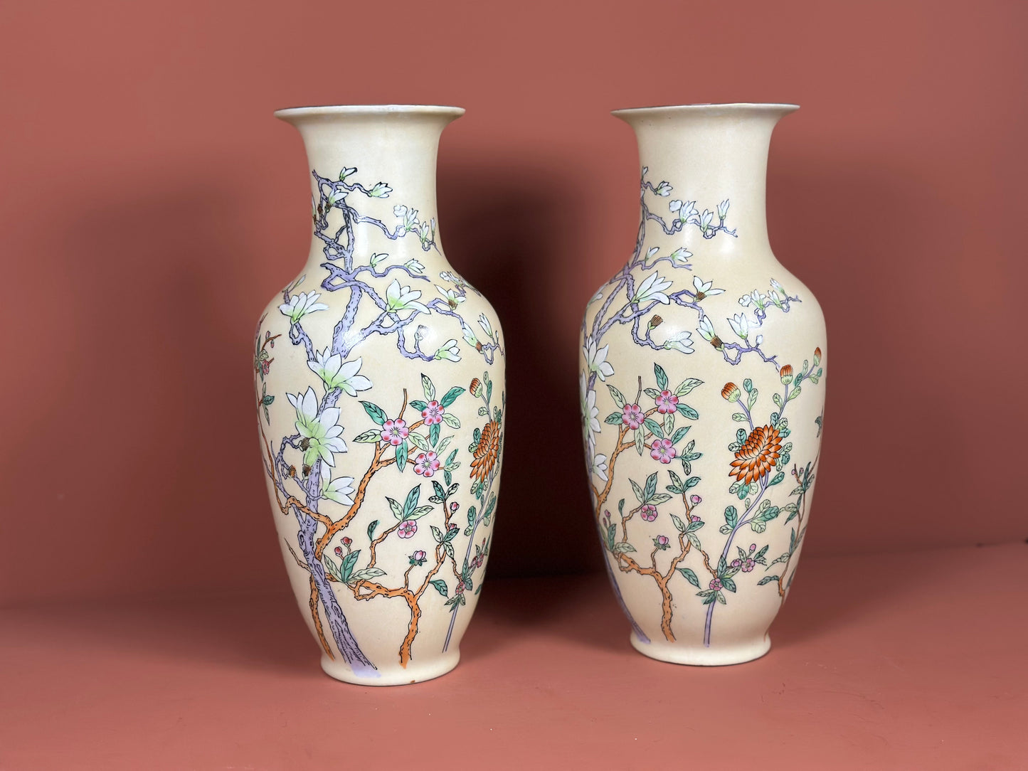 Pair of Oriental Porcelain Vases – Hand-Painted Blossom & Character Marks