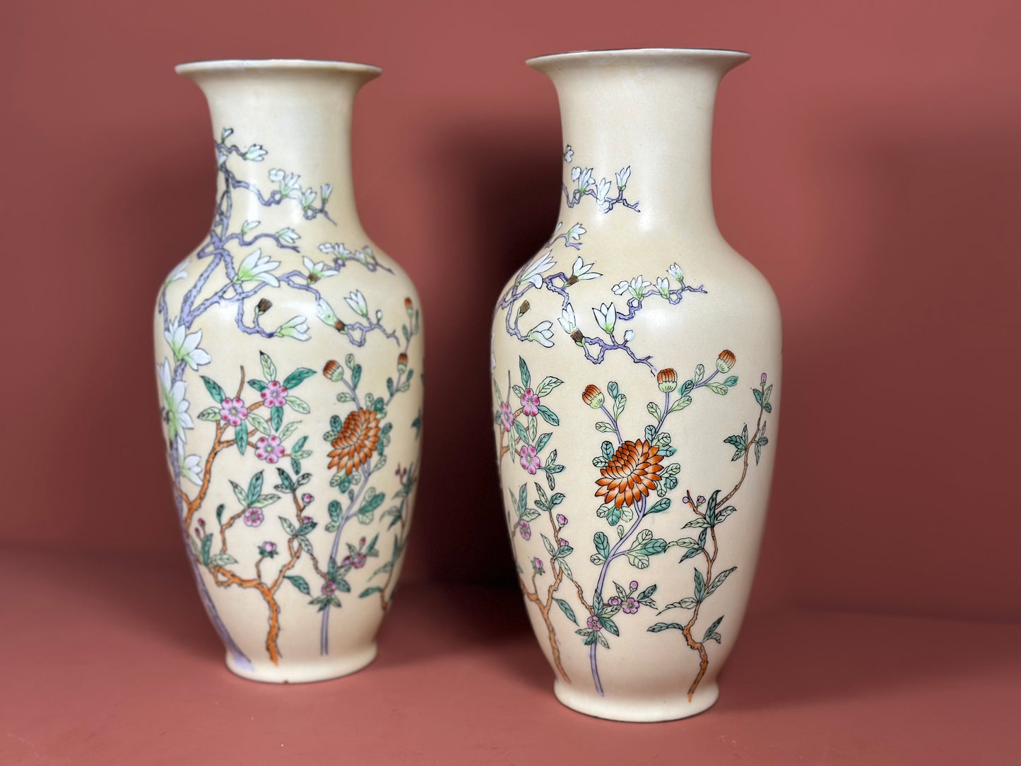 Pair of Oriental Porcelain Vases – Hand-Painted Blossom & Character Marks