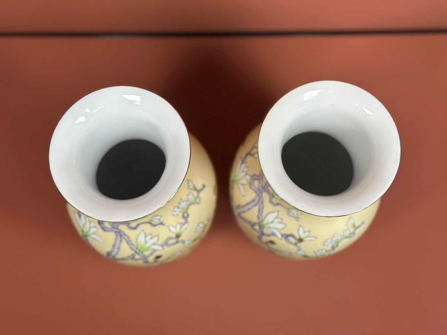 Pair of Oriental Porcelain Vases – Hand-Painted Blossom & Character Marks