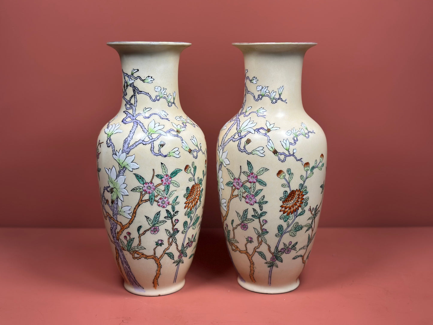 Pair of Oriental Porcelain Vases – Hand-Painted Blossom & Character Marks
