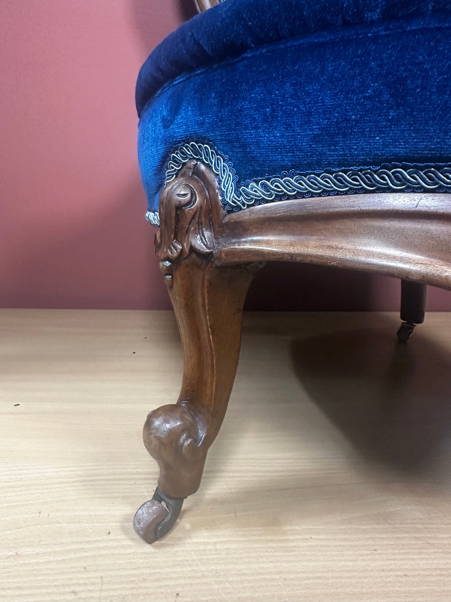 Victorian Spoonback Nursing Chair – Blue Velvet Upholstery – Carved Walnut c.1870