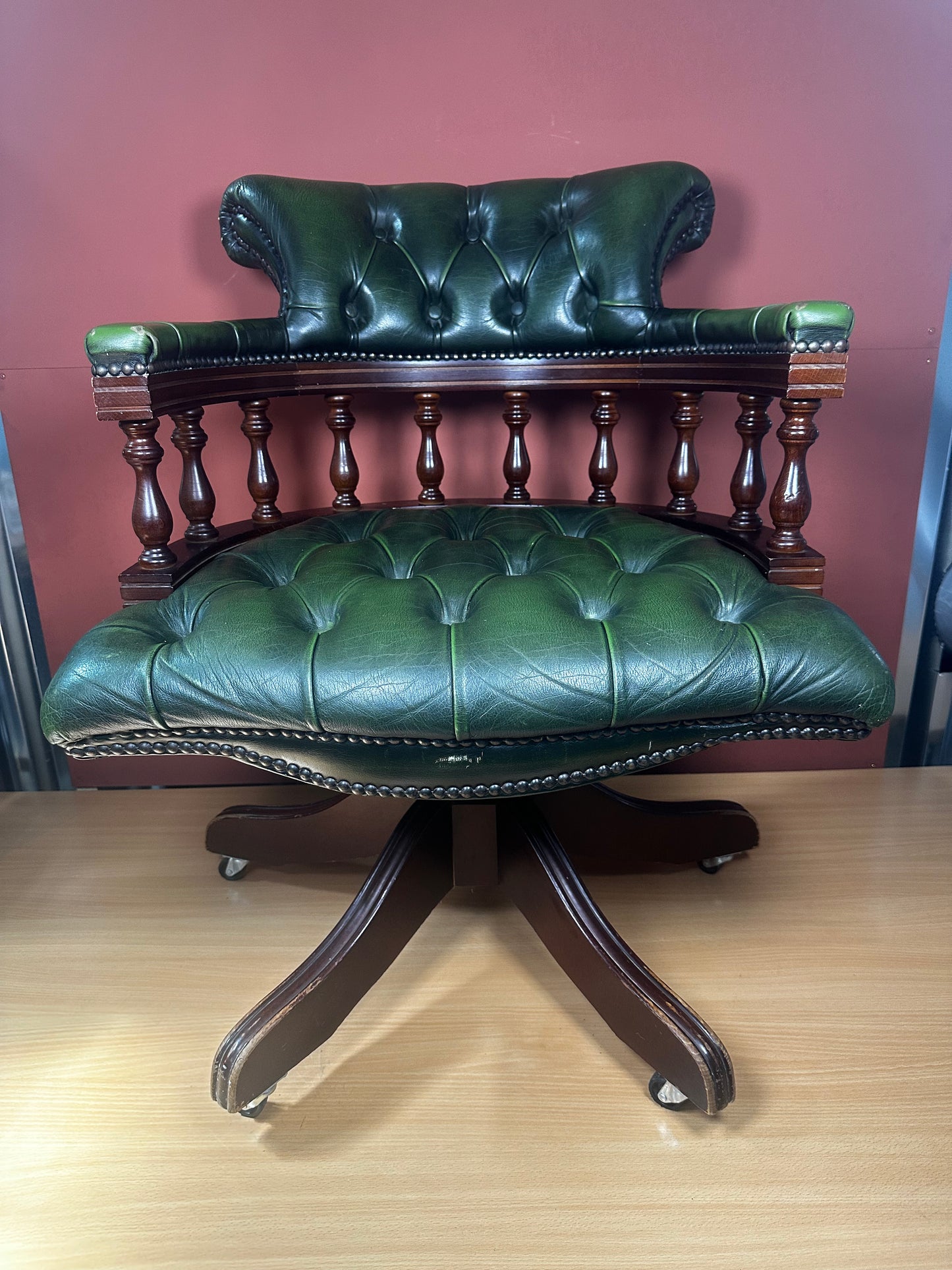 Victorian Style Swivel Desk Chair – Green Leather Button-Back on Castors