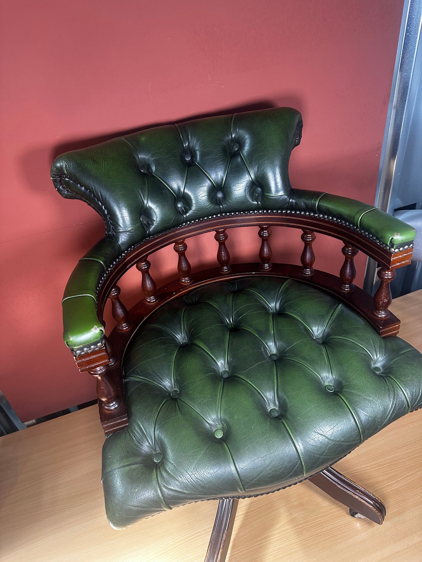 Victorian Style Swivel Desk Chair – Green Leather Button-Back on Castors