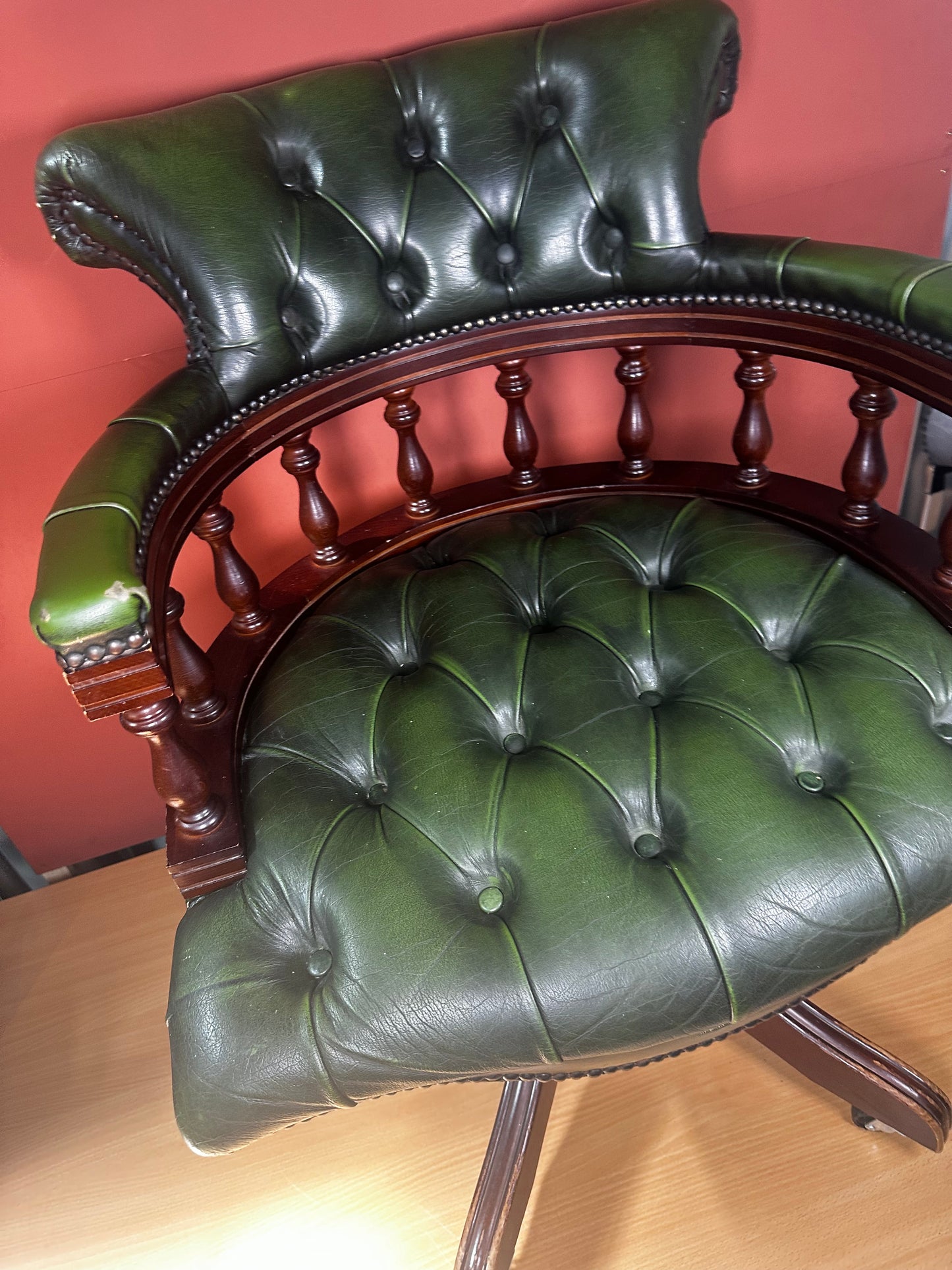 Victorian Style Swivel Desk Chair – Green Leather Button-Back on Castors