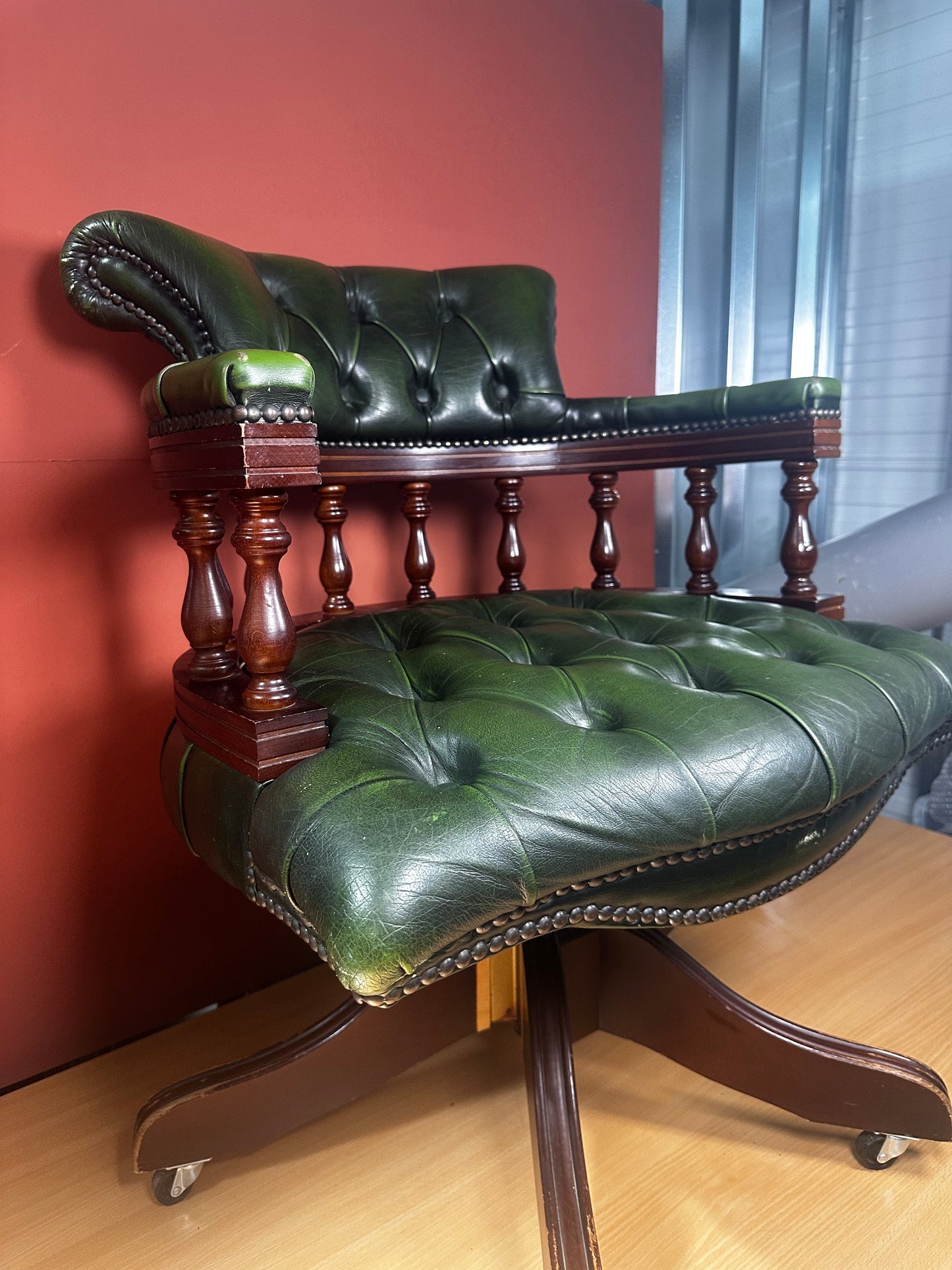 Victorian Style Swivel Desk Chair – Green Leather Button-Back on Castors