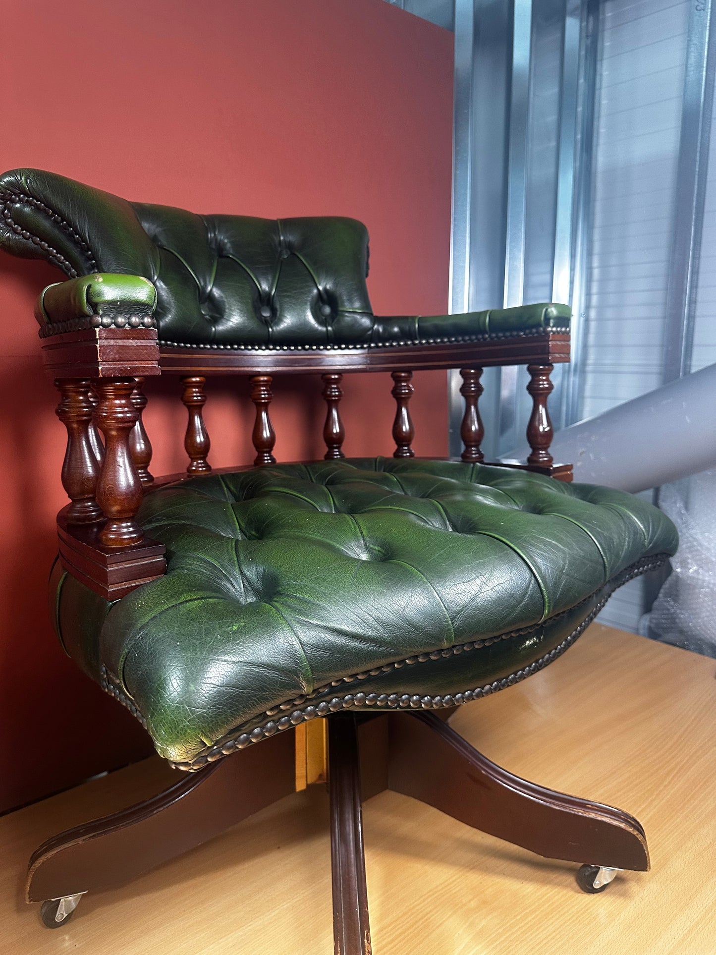 Victorian Style Swivel Desk Chair – Green Leather Button-Back on Castors