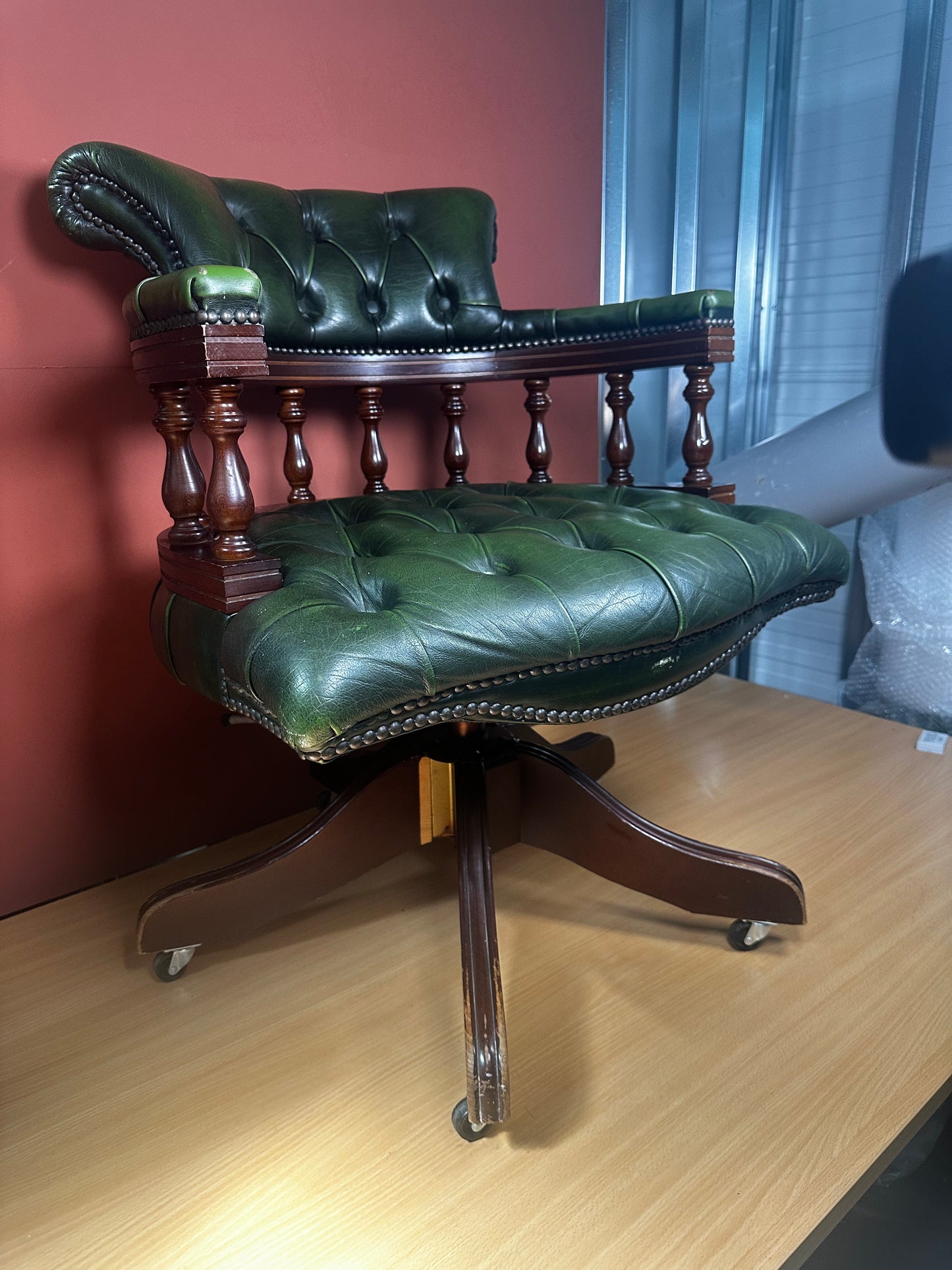 Victorian Style Swivel Desk Chair – Green Leather Button-Back on Castors