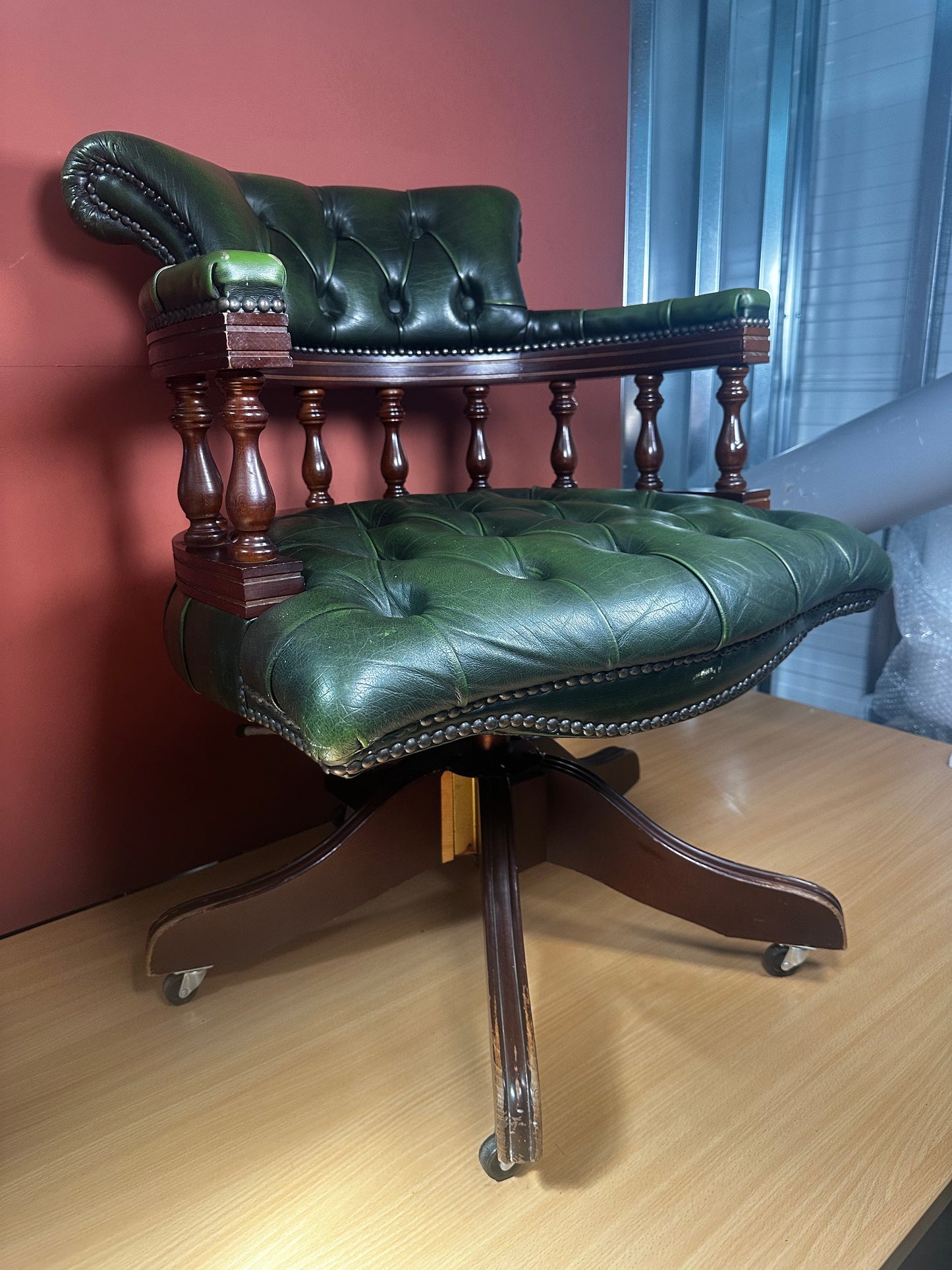 Victorian Style Swivel Desk Chair – Green Leather Button-Back on Castors