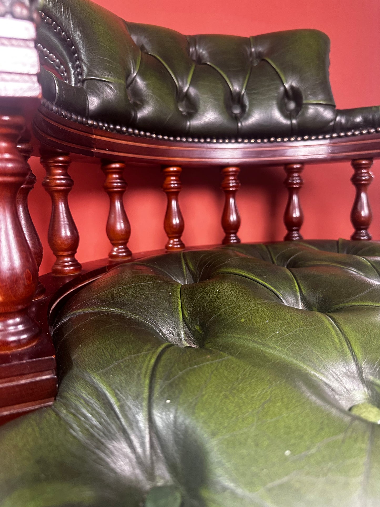 Victorian Style Swivel Desk Chair – Green Leather Button-Back on Castors