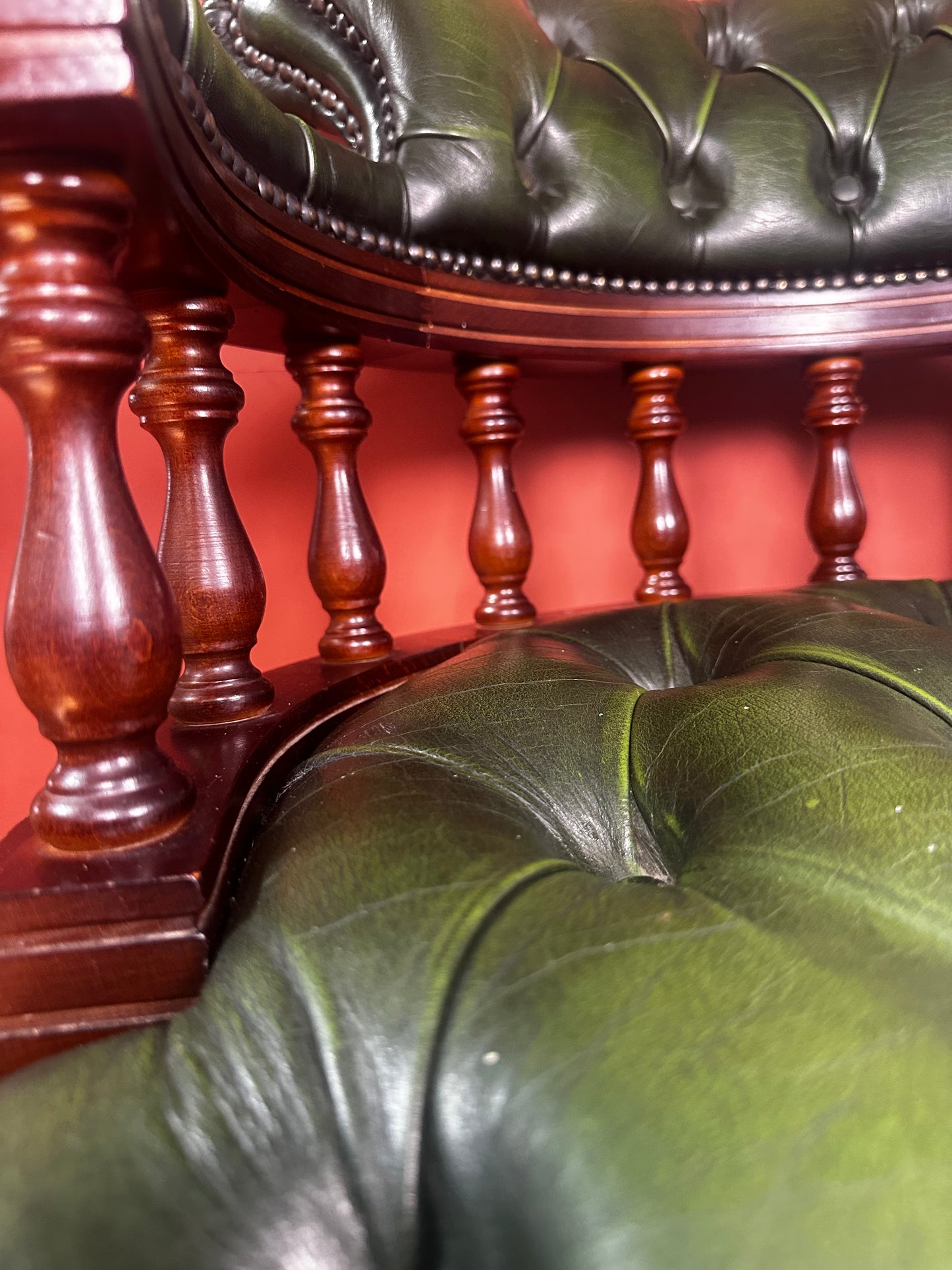 Victorian Style Swivel Desk Chair – Green Leather Button-Back on Castors