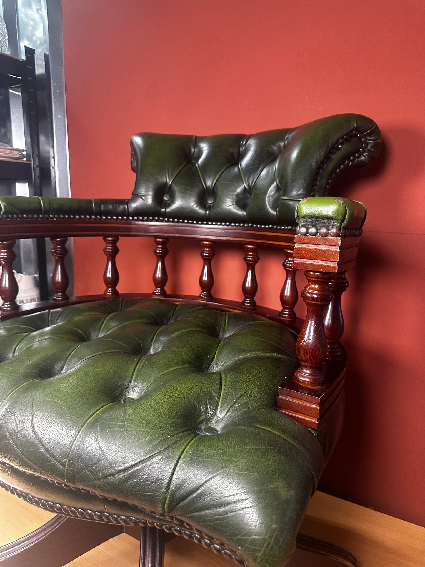 Victorian Style Swivel Desk Chair – Green Leather Button-Back on Castors