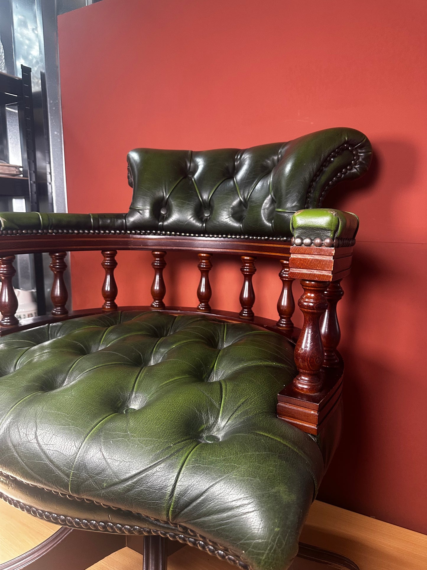 Victorian Style Swivel Desk Chair – Green Leather Button-Back on Castors
