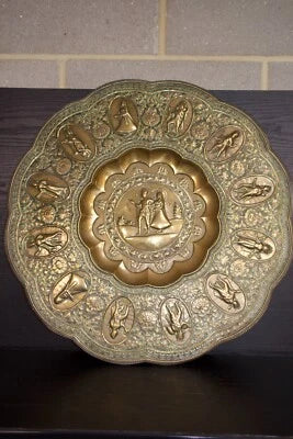 Large Ornate Brass Charger Plate – Religious & Mythological Scenes – Approx. 70c