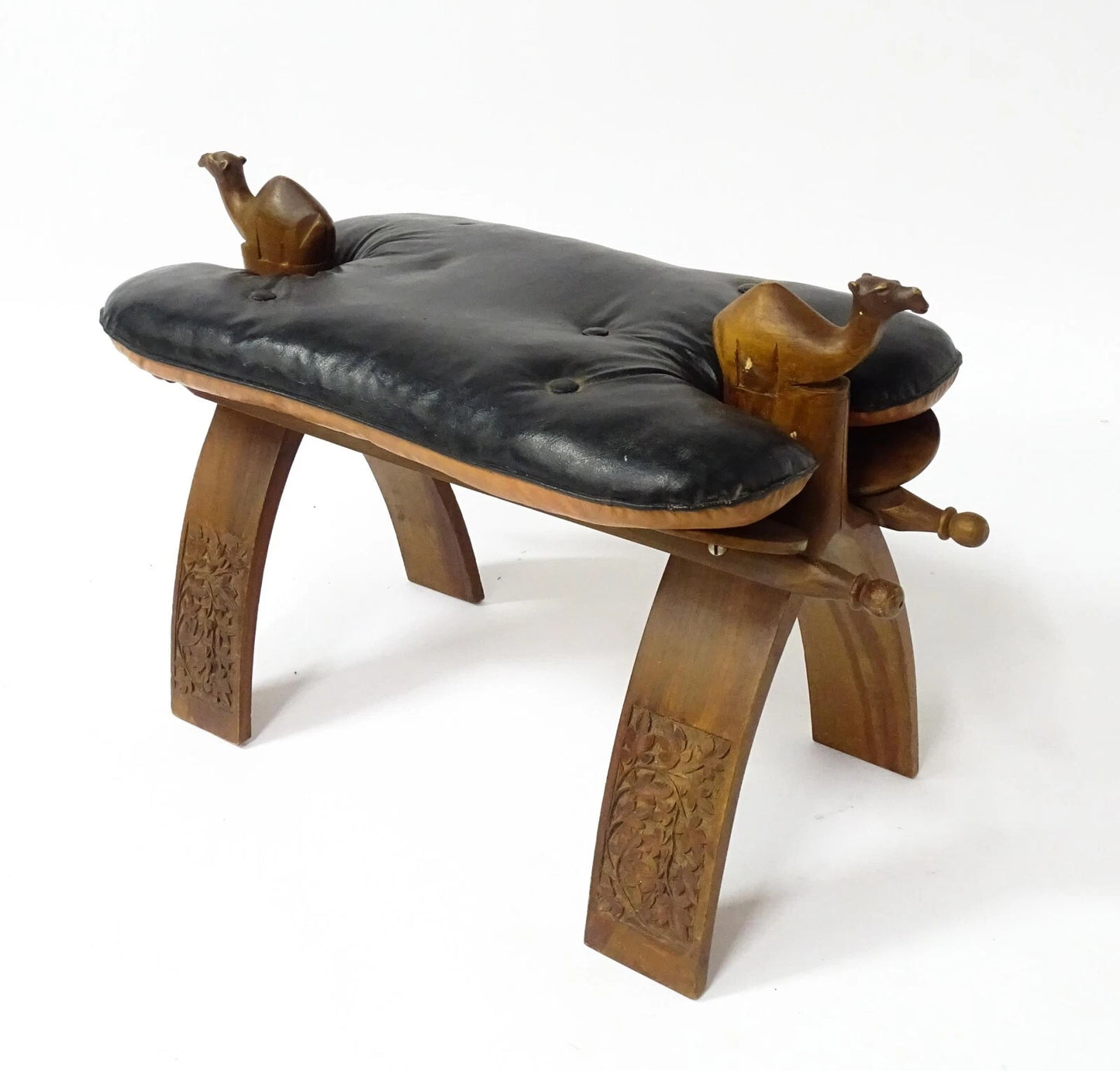 Mid-Century Carved Wood Camel Saddle Stool w/ Upholstered Seat – 1950s–70s
