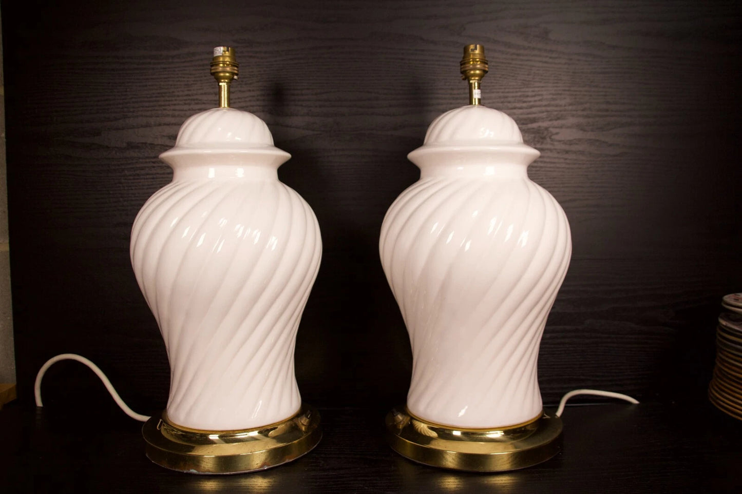 Pair of Vintage White Swirl Ceramic Table Lamps – Brass Bases