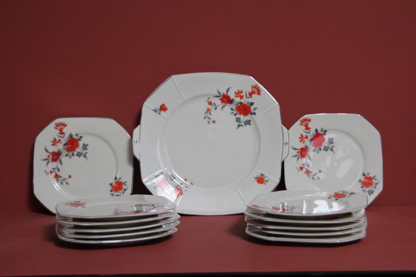 Victoria Czechoslovakia Art Deco Floral Plates Set – 13-Piece Vintage