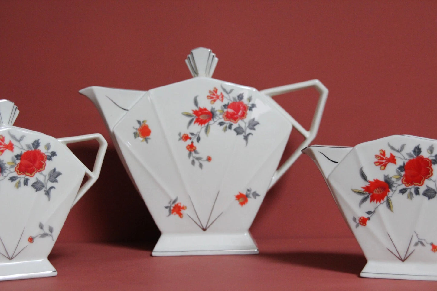 Victoria Czechoslovakia Deco Tea Set – Teapot, Sugar Bowl & Milk Jug
