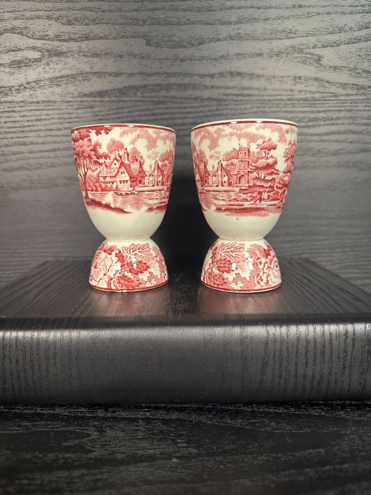 Pair of Vintage Red Transferware Egg Cups – Floral & Countryside Scene