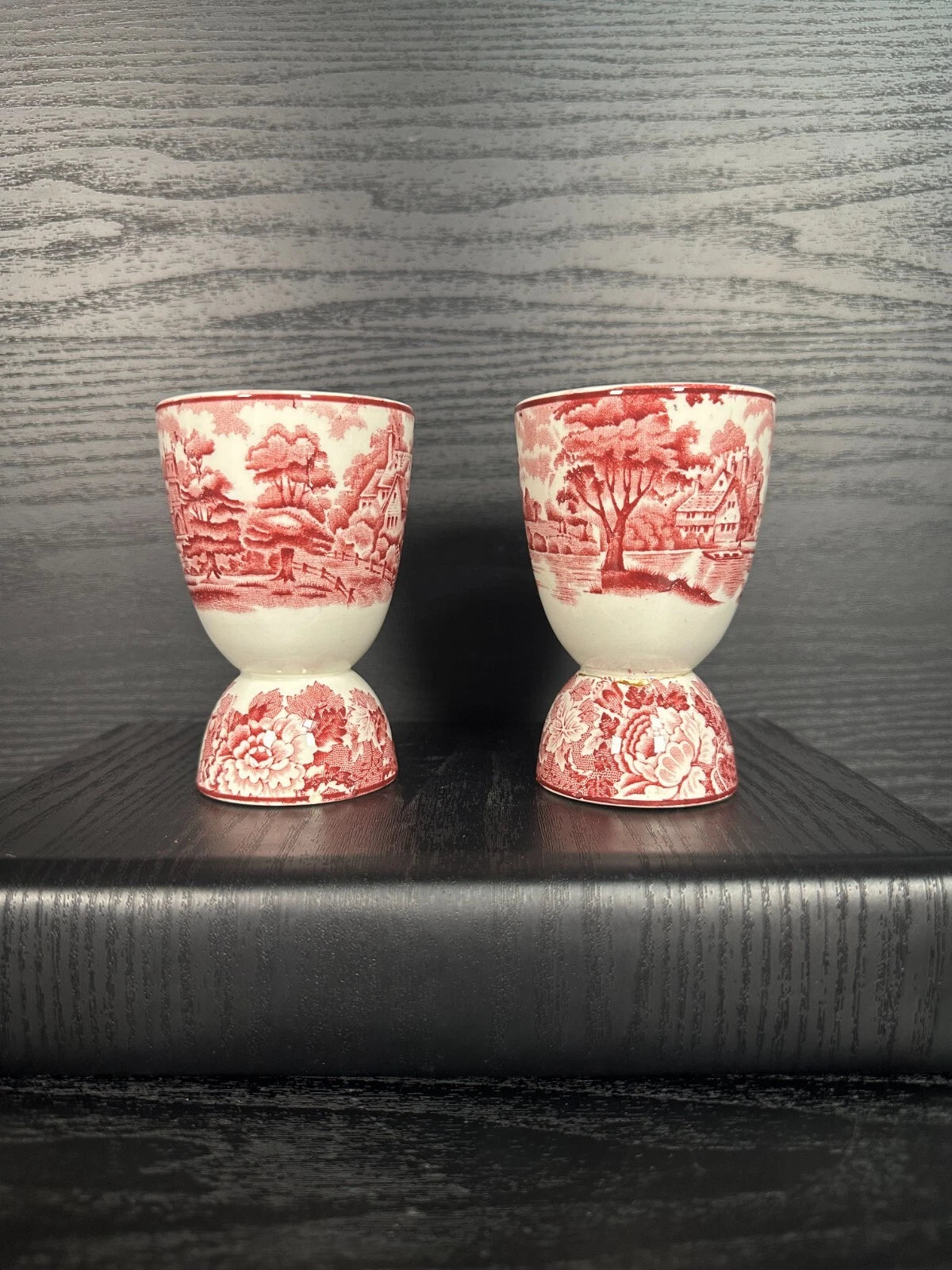 Pair of Vintage Red Transferware Egg Cups – Floral & Countryside Scene