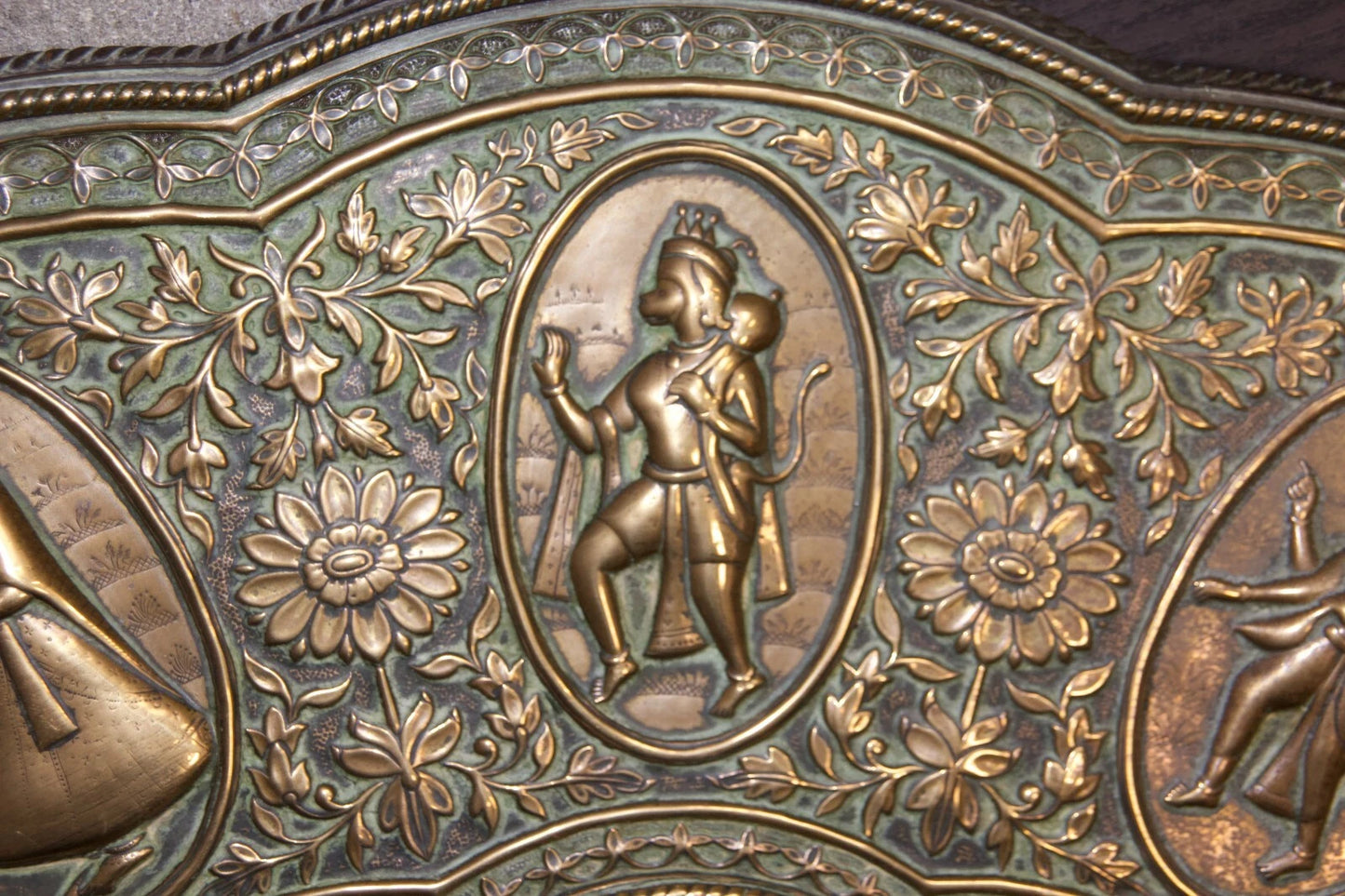 Large Ornate Brass Charger Plate – Religious & Mythological Scenes – Approx. 70c