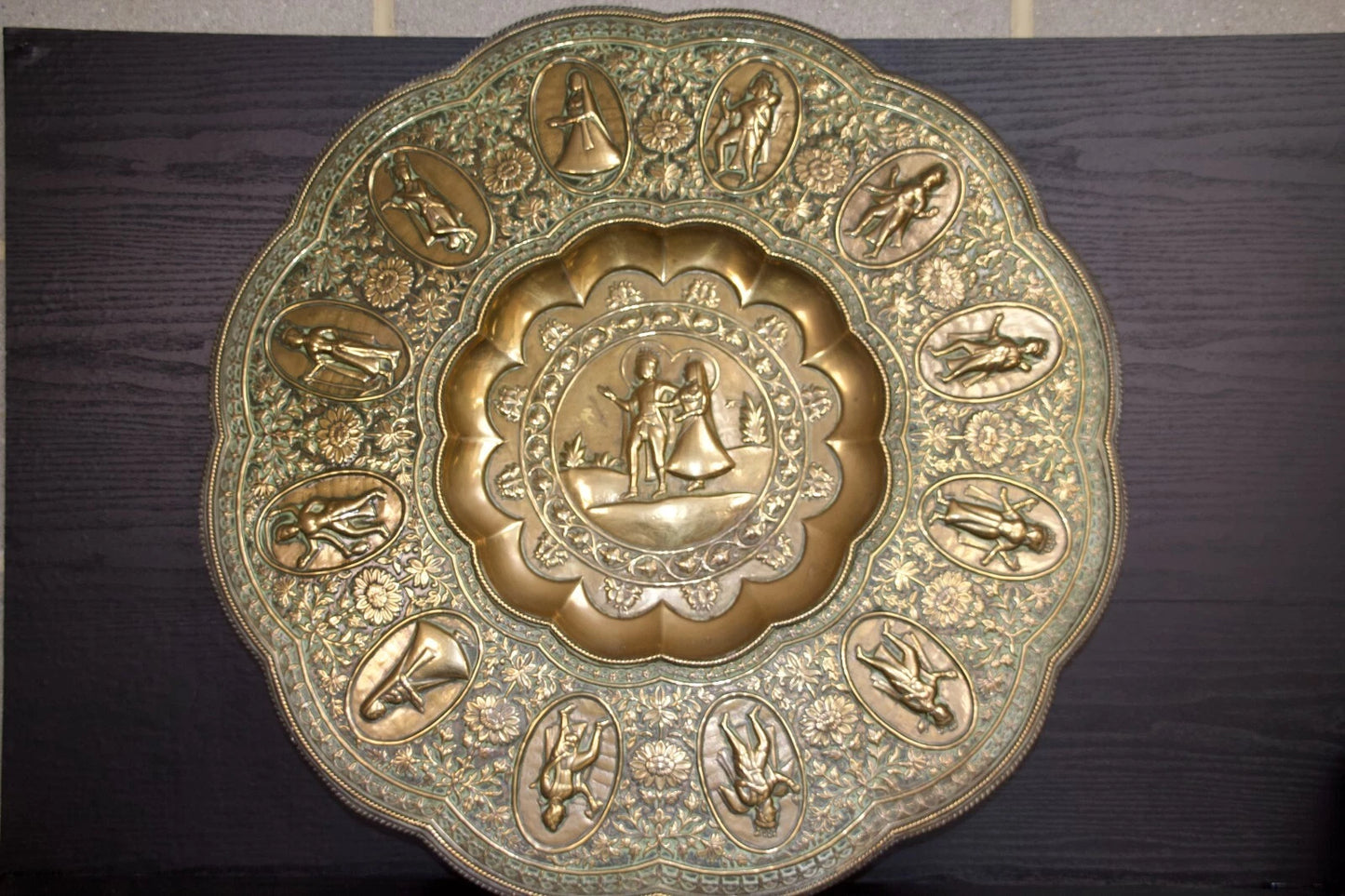 Large Ornate Brass Charger Plate – Religious & Mythological Scenes – Approx. 70c