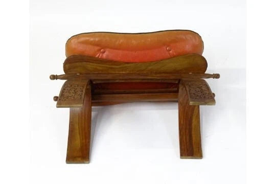 Mid-Century Carved Wood Camel Saddle Stool w/ Upholstered Seat – 1950s–70s