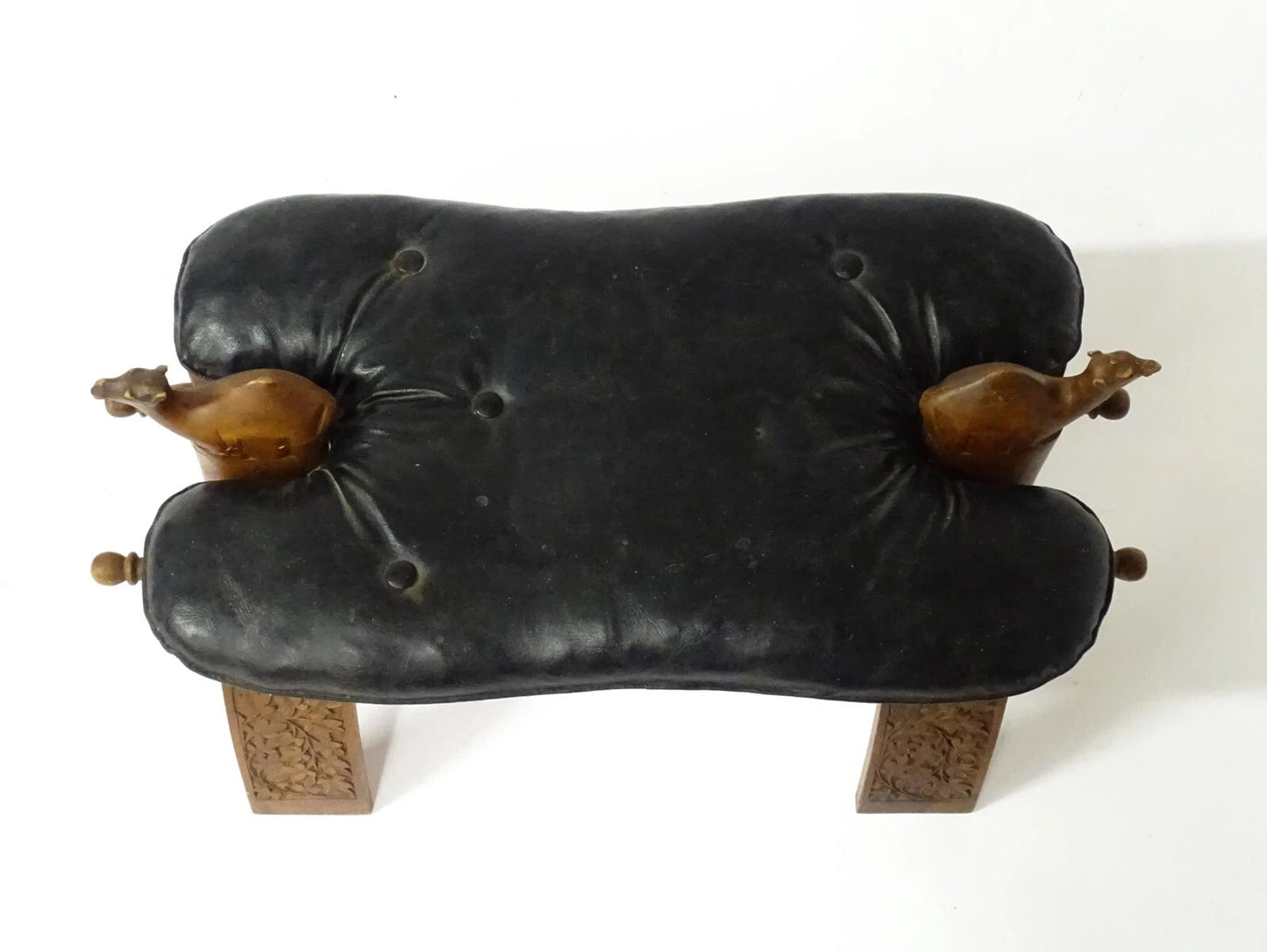 Mid-Century Carved Wood Camel Saddle Stool w/ Upholstered Seat – 1950s–70s