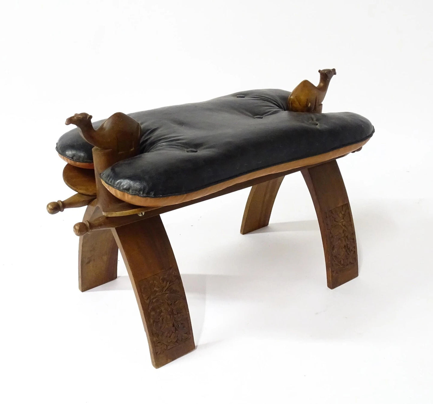 Mid-Century Carved Wood Camel Saddle Stool w/ Upholstered Seat – 1950s–70s