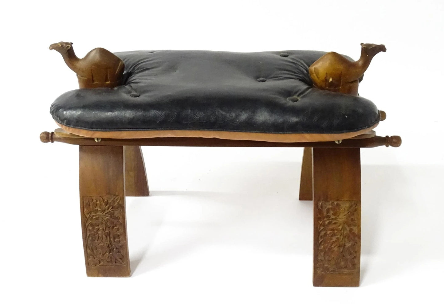 Mid-Century Carved Wood Camel Saddle Stool w/ Upholstered Seat – 1950s–70s