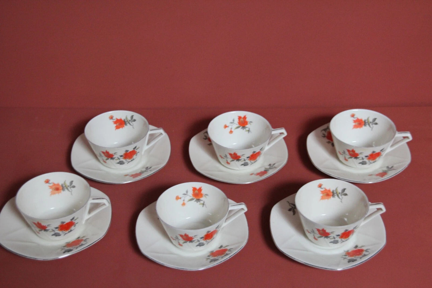 Victoria Czechoslovakia Art Deco Tea Cups & Saucers – Set of 6