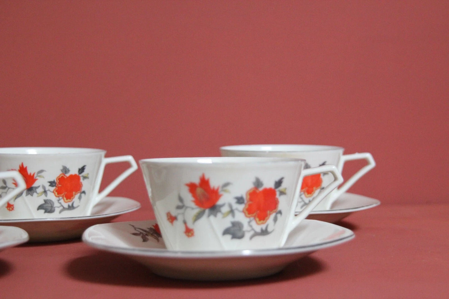 Victoria Czechoslovakia Art Deco Tea Cups & Saucers – Set of 6