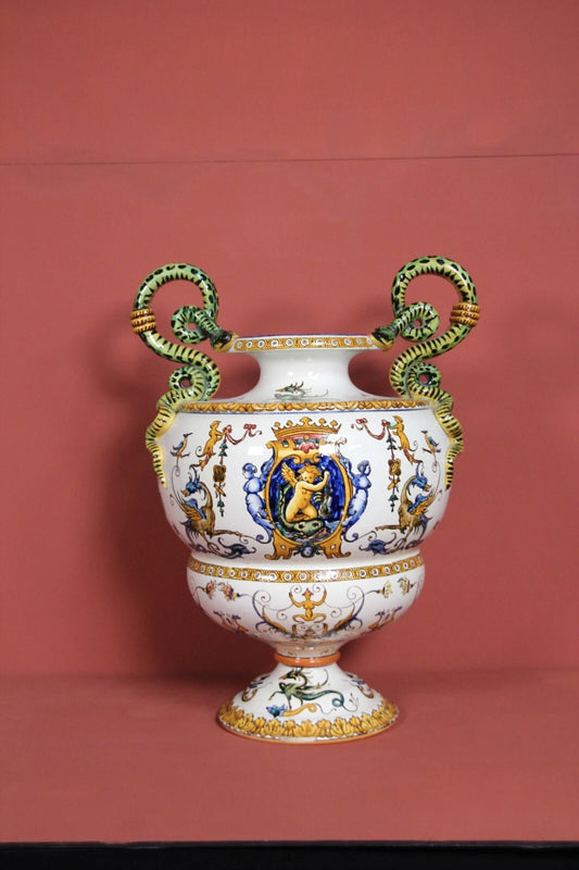 Gien Faience Renaissance Vase – Snake Handles, 19th Century, 40cm