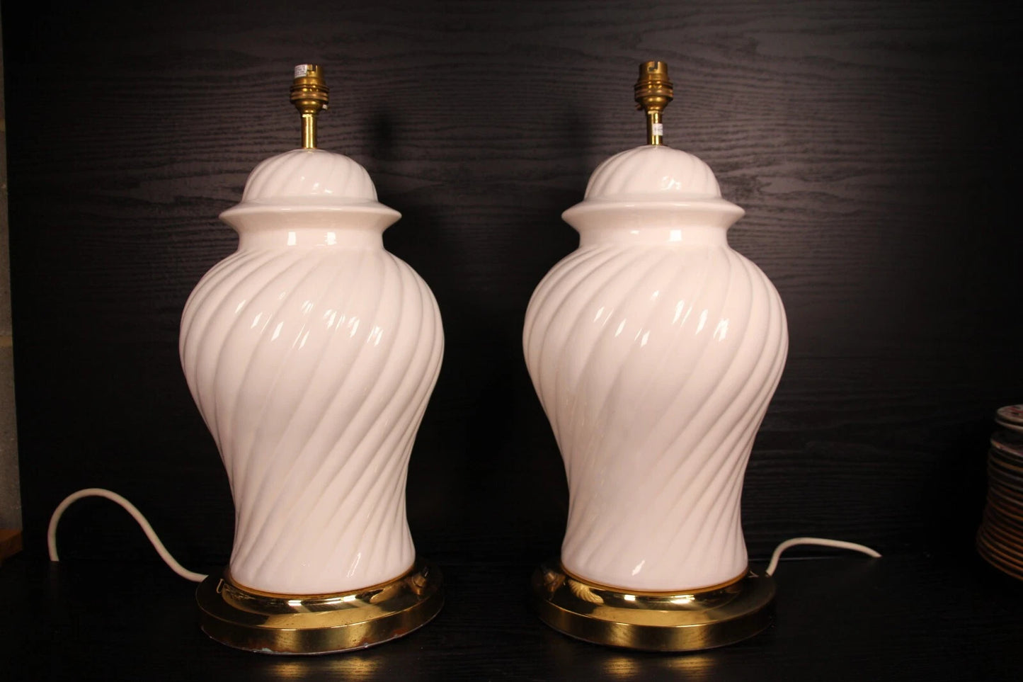 Pair of Vintage White Swirl Ceramic Table Lamps – Brass Bases