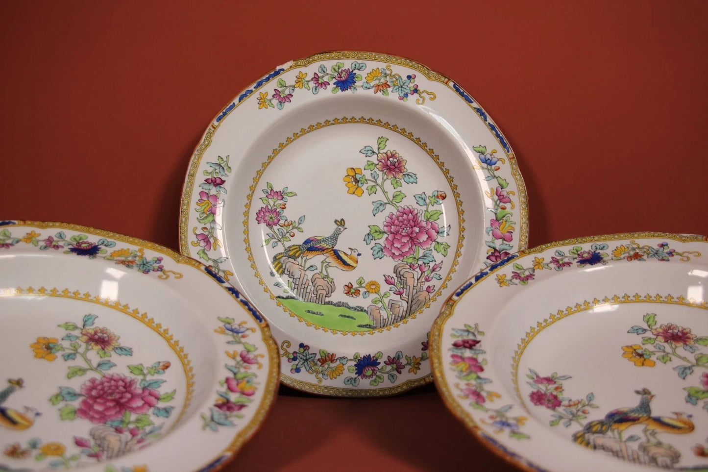 Copeland Spode Peacock Soup Plates x3 – English China Bowls, Crook Belgravia