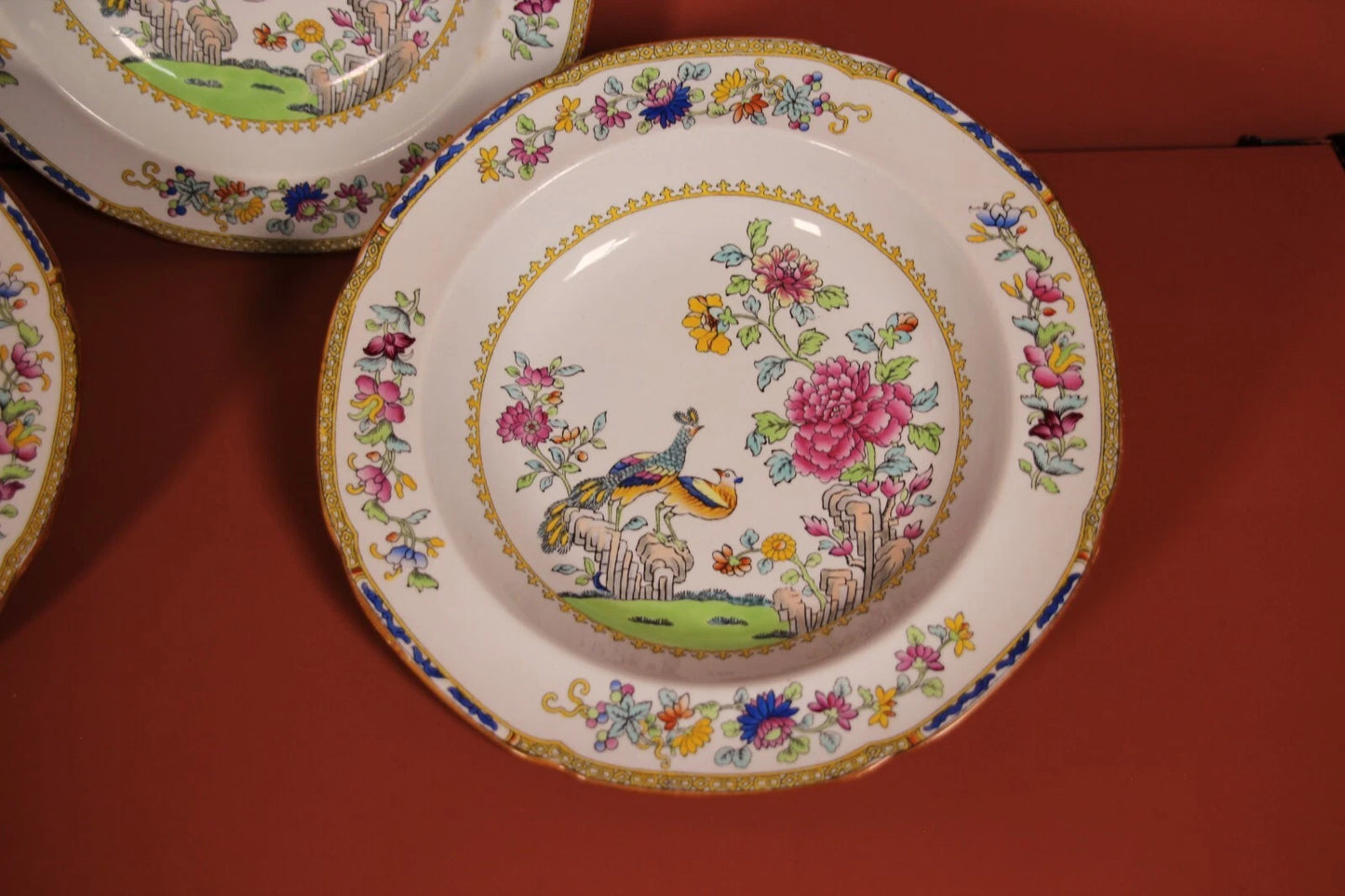 Copeland Spode Peacock Soup Plates x3 – English China Bowls, Crook Belgravia