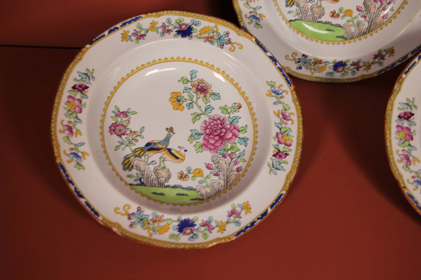 Copeland Spode Peacock Soup Plates x3 – English China Bowls, Crook Belgravia