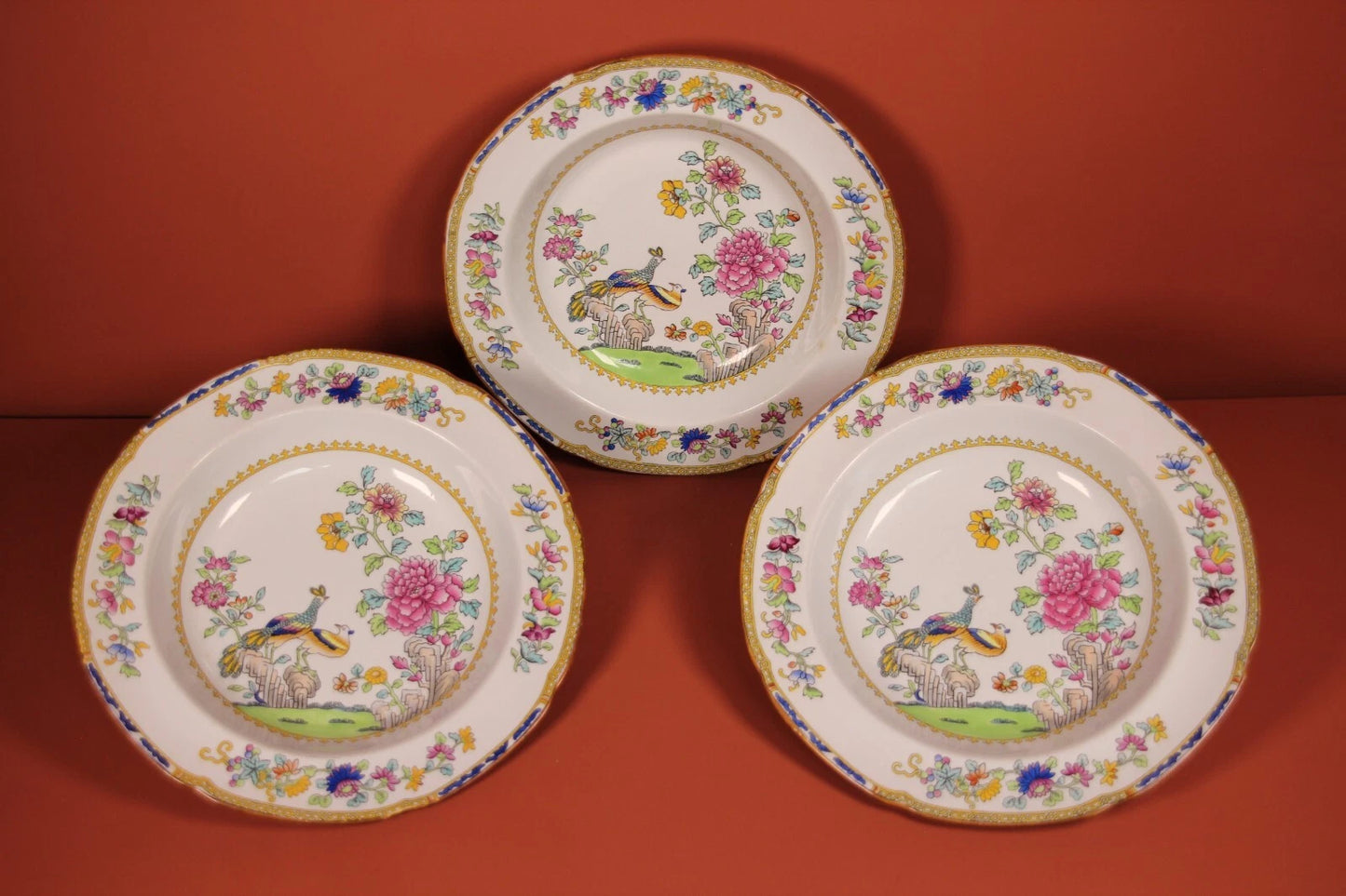 Copeland Spode Peacock Soup Plates x3 – English China Bowls, Crook Belgravia