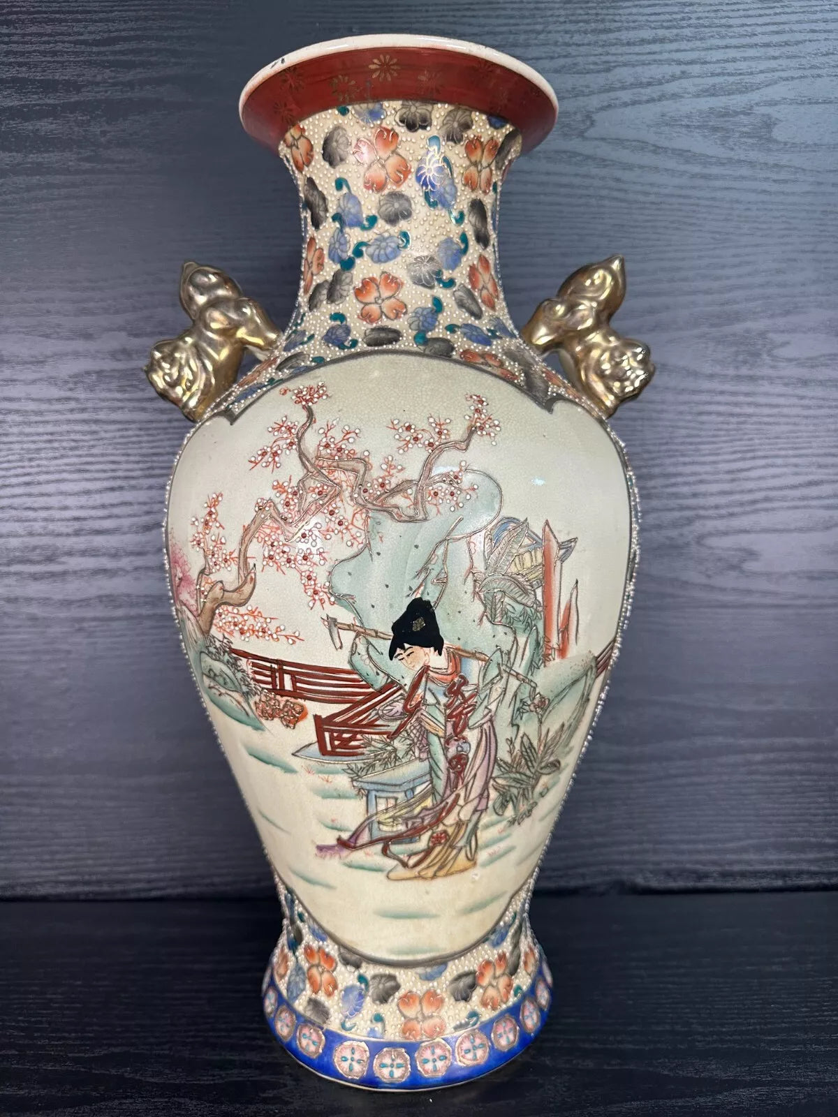 Large Oriental Vase – Hand-Painted with Gilt Handles – 46cm Decorative