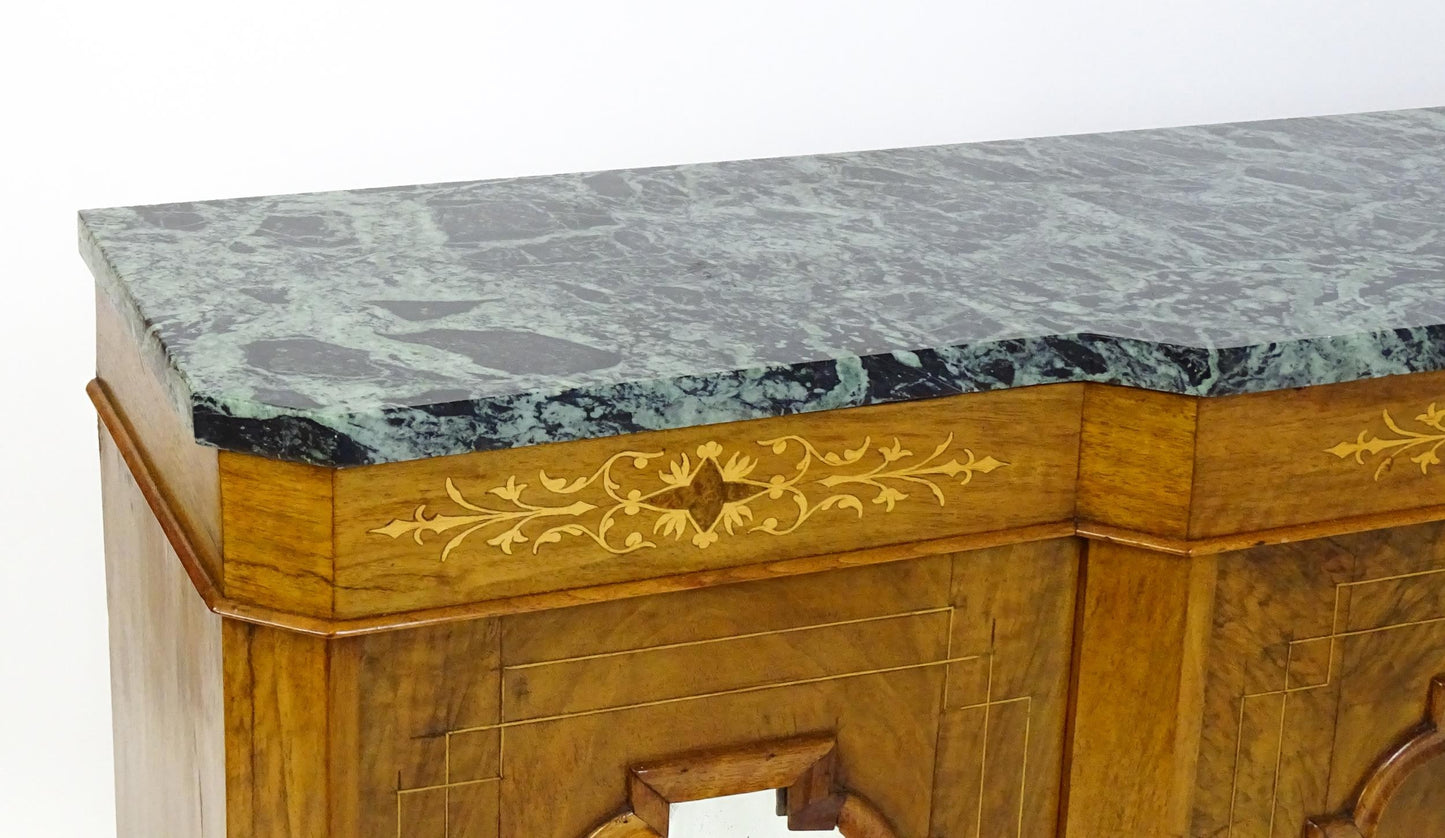 19thC Walnut Sideboard – Marble Top, Satinwood Inlay & Mirrored Doors
