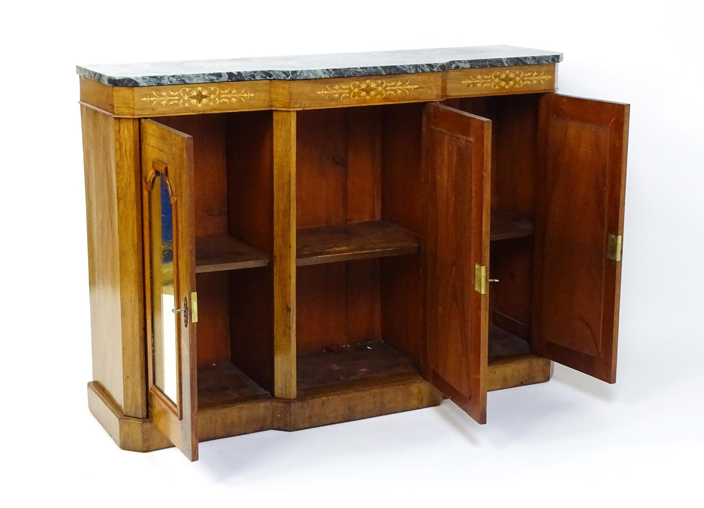 19thC Walnut Sideboard – Marble Top, Satinwood Inlay & Mirrored Doors