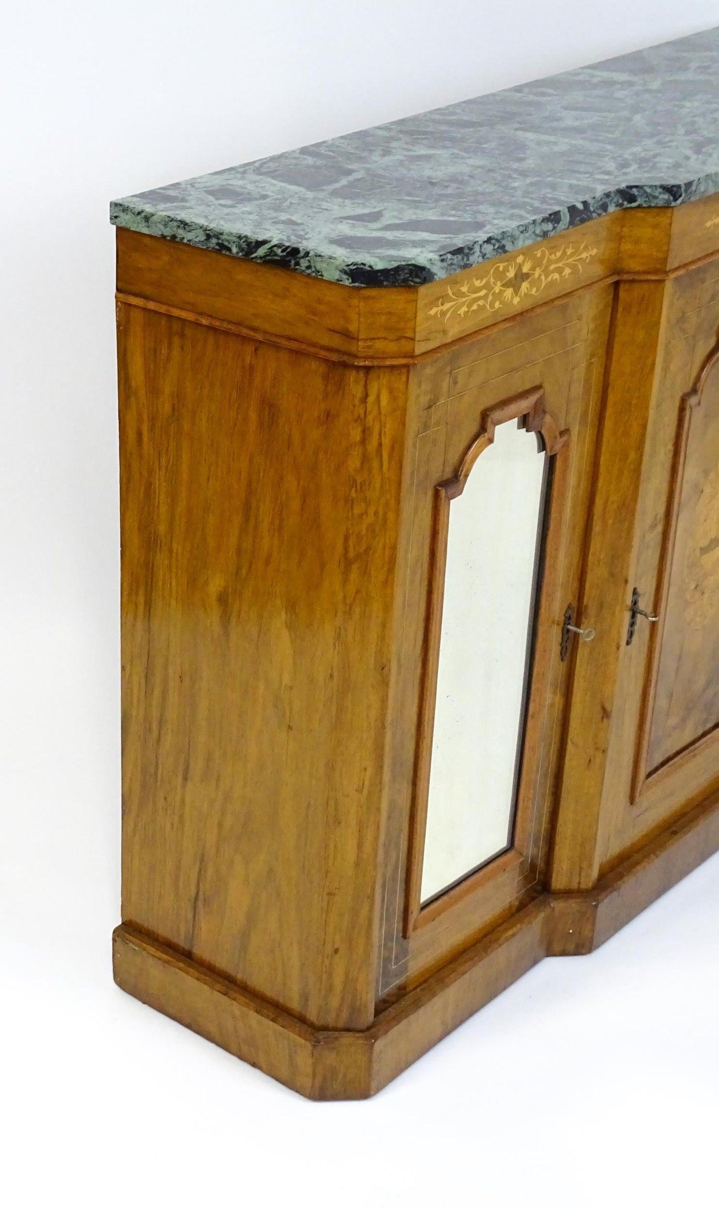 19thC Walnut Sideboard – Marble Top, Satinwood Inlay & Mirrored Doors