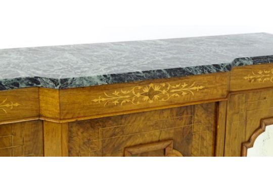 19thC Walnut Sideboard – Marble Top, Satinwood Inlay & Mirrored Doors